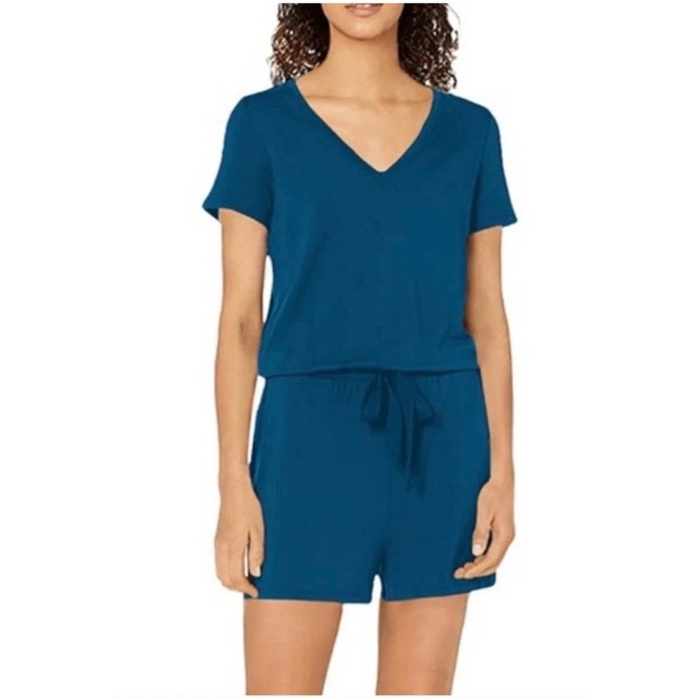 Daily Ritual Womens Teal Blue V-Neck Short Sleeve Drawstring Romper Size L